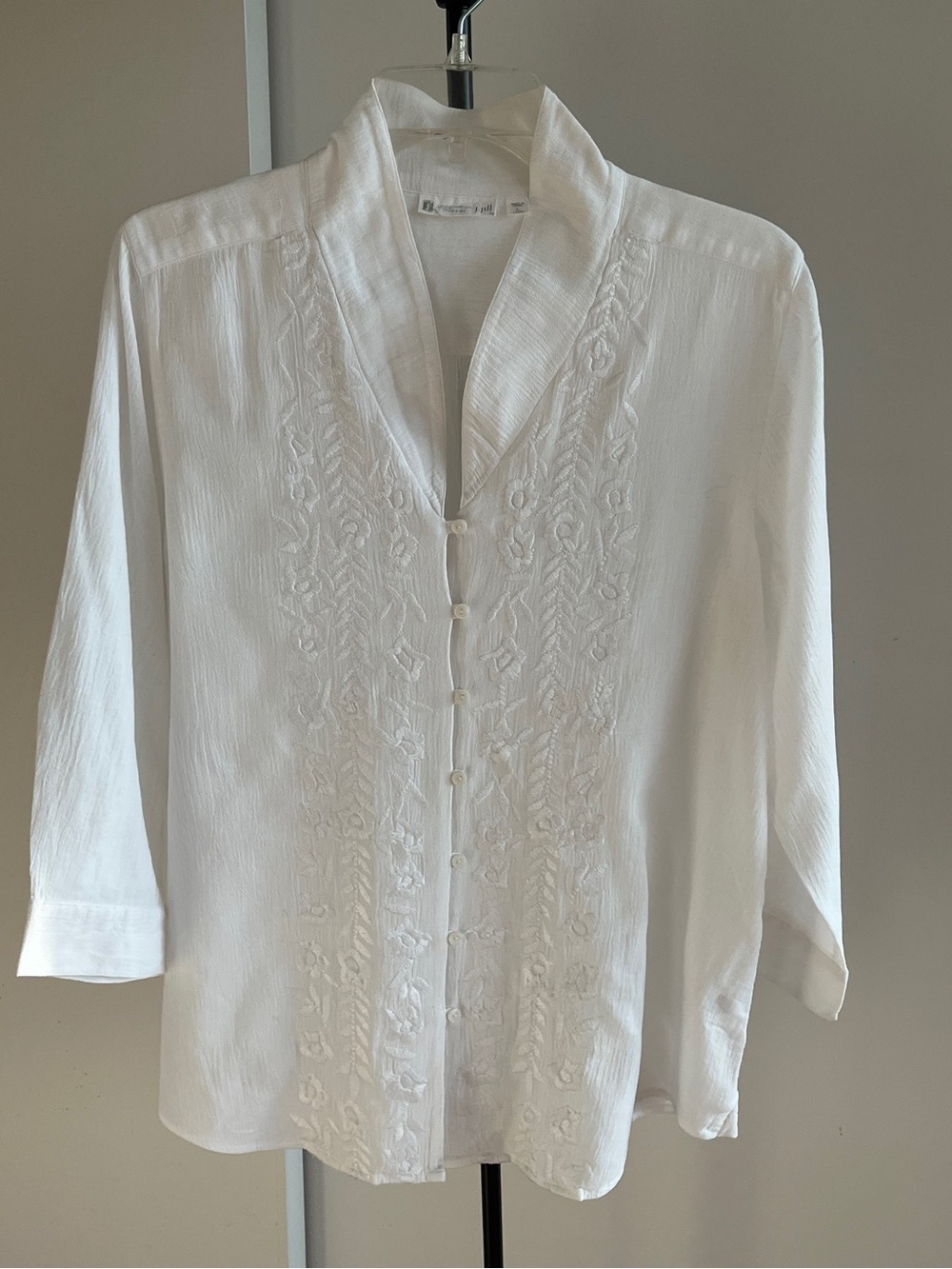 J. Jill Uncommon Threads Tunic Blouse Top White 100% Cotton Embroidered L / XL